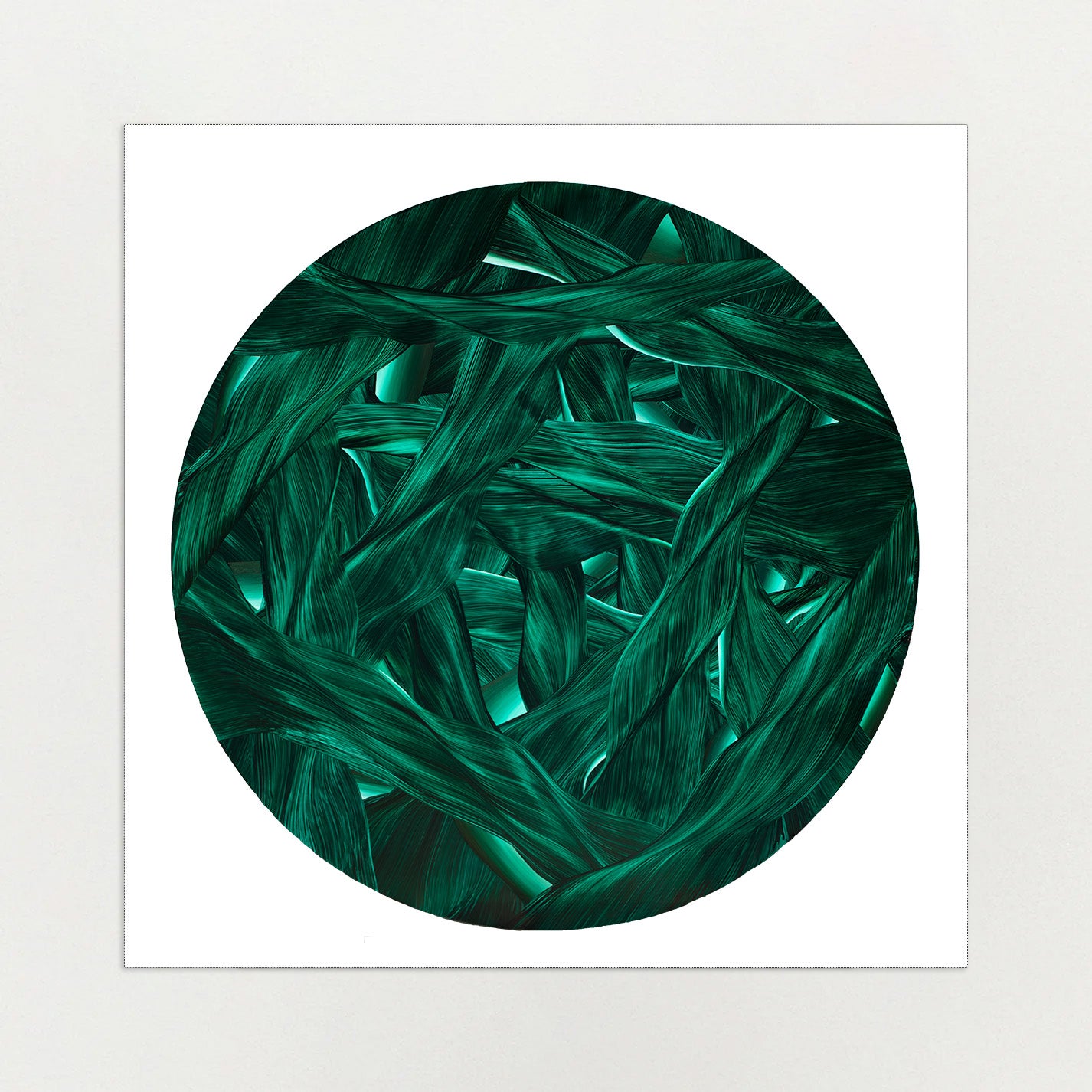 Close-up of green underwater leaves arranged in a circular pattern on a green and black background