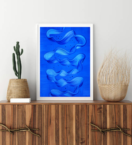 Ebb and Flow abstract art print by Lara Sayegh, featuring ocean-inspired rhythmic brushstrokes, printed on Fine Art Paper and mounted on white frame