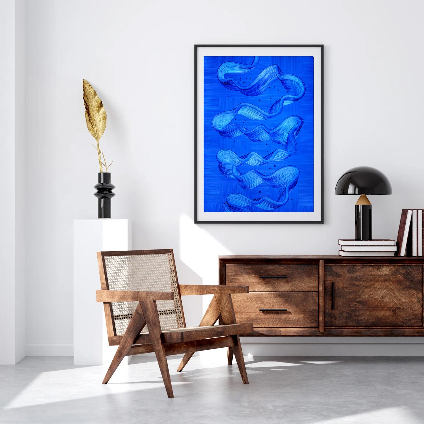 Ebb and Flow abstract art print by Lara Sayegh, featuring ocean-inspired gestural brushstrokes, printed on Fine Art Paper and mounted on black frame