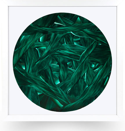 Close-up of green underwater leaves arranged in a circular pattern on a green white frame