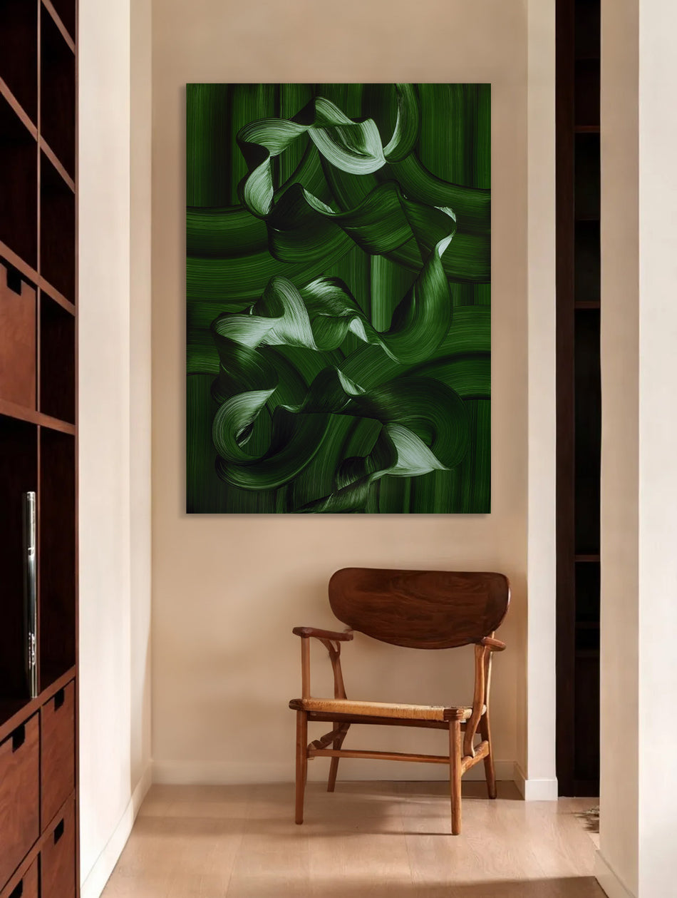 Large contemporary green abstract ocean painting styled in a modern luxury interior featuring flowing organic brushstrokes by Lara Sayegh