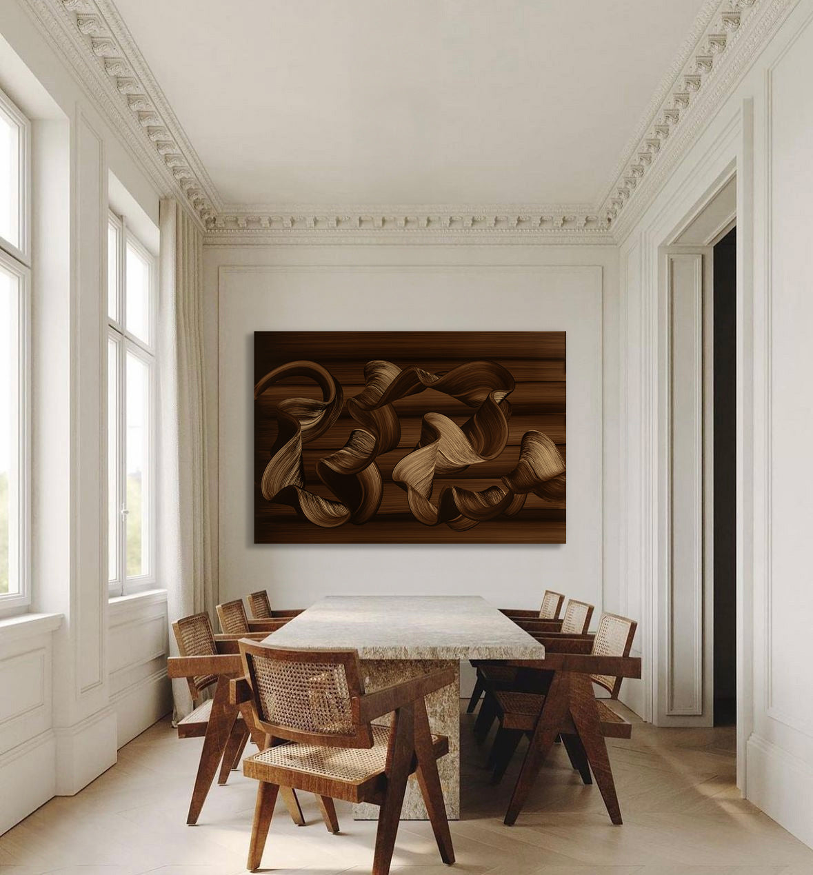 “What the Earth Keeps” by Lara Sayegh displayed in a contemporary neutral-toned interior, featuring flowing abstract ribbon forms in rich earthy brown and sand tones.