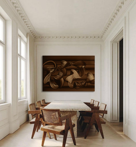 “What the Earth Keeps” by Lara Sayegh displayed in a contemporary neutral-toned interior, featuring flowing abstract ribbon forms in rich earthy brown and sand tones.