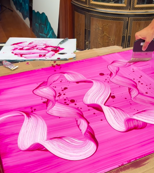 Abstract painting inspired by movement, featuring dynamic pink brushstrokes and flowing gestures on an aluminium panel