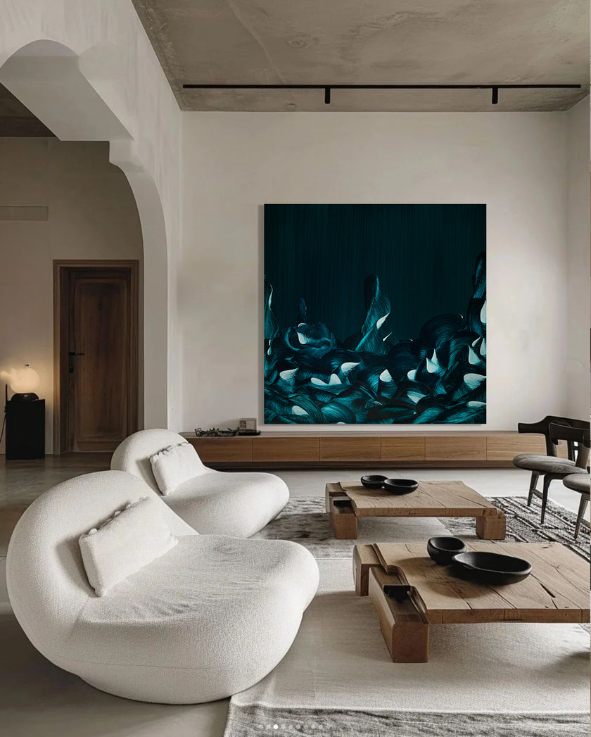 Waves of Serenity by Lara Sayegh – contemporary abstract painting ocean blue gestural movement art on the wall