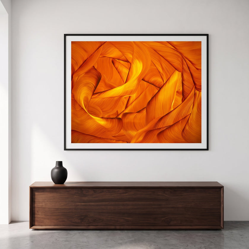 Abstract art print by London artist Lara Sayegh,. Orange sunset ocean wave art print framed on wall in modern minimalist living room 