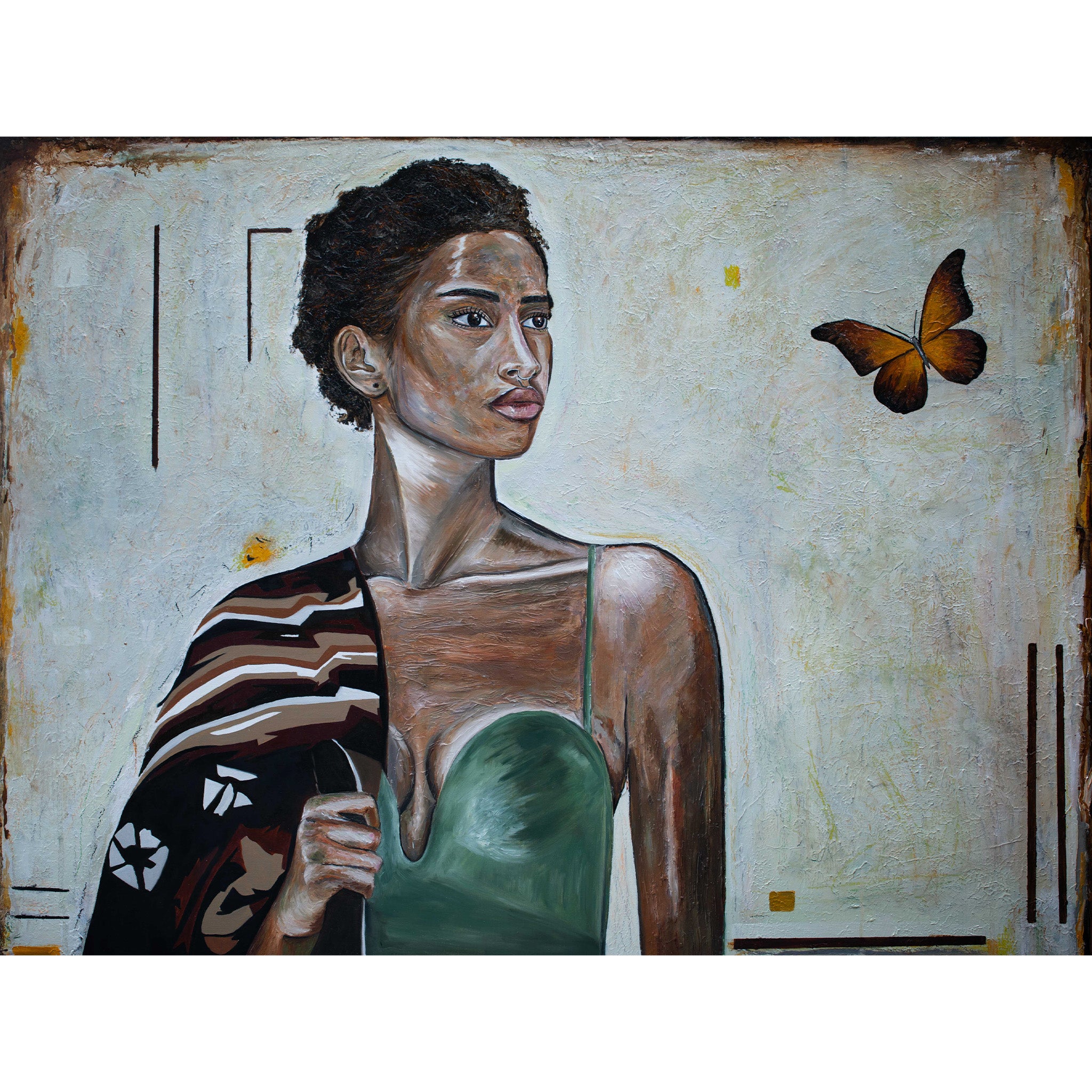 Abstract portrait painting of a woman in a green dress with a butterfly, contemporary figurative oil painting on canvas by London artist Lara Sayegh.
