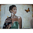 Abstract portrait painting of a woman in a green dress with a butterfly, contemporary figurative oil painting on canvas by London artist Lara Sayegh.