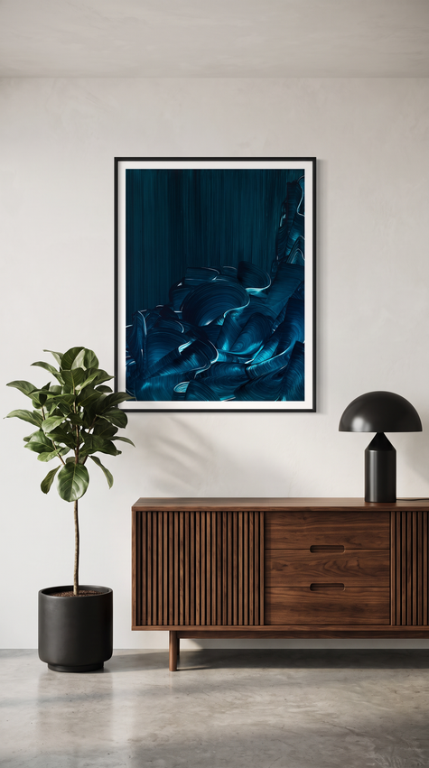 A framed abstract art print featuring deep blue and teal tones, displayed on a light gray wall above a wooden sideboard with a potted plant and a black table lamp.