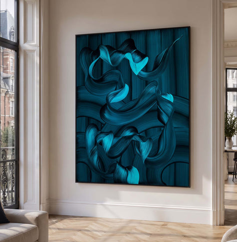 Water Carving Its Own Path abstract art canvas print by Lara Sayegh displayed in a black frame, featuring flowing ocean-inspired blue brushstrokes, printed as a premium Giclée Fine Art Paper print.