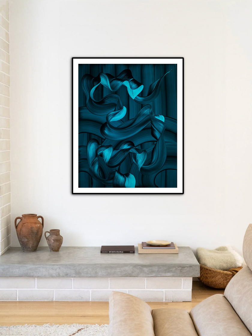 Water Carving Its Own Path abstract art print by Lara Sayegh displayed in a black frame, featuring flowing ocean-inspired blue brushstrokes, printed as a premium Giclée Fine Art Paper print.