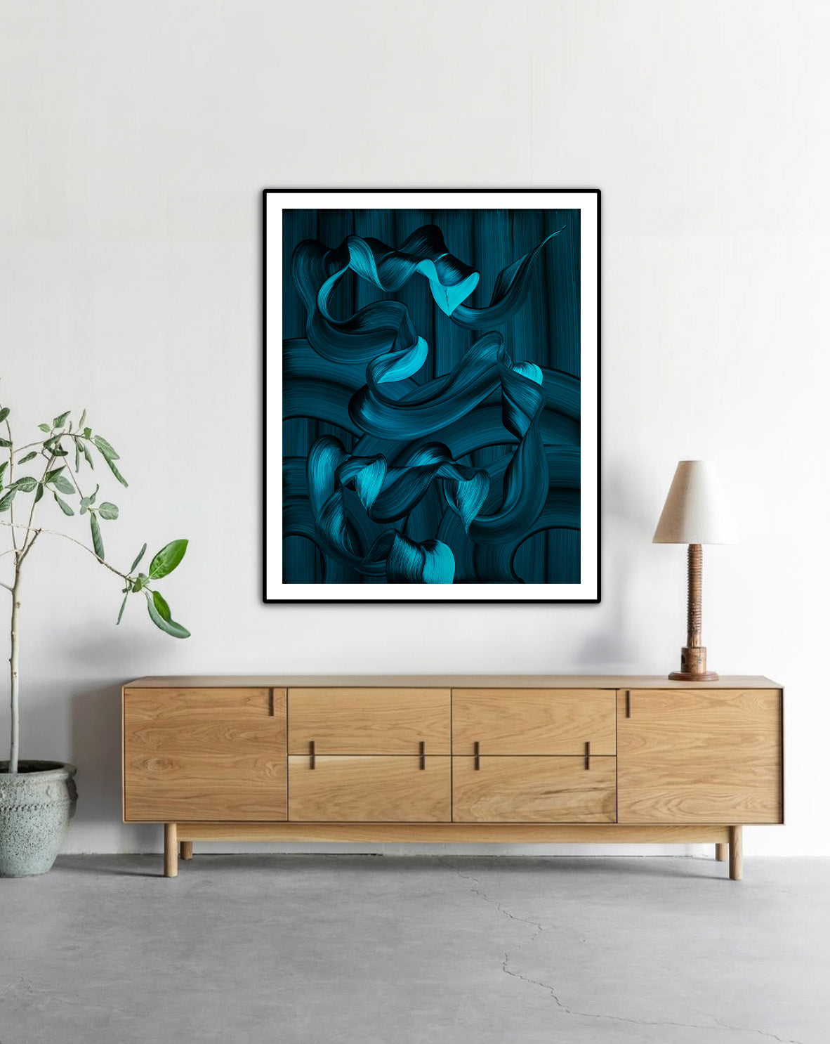 Water Carving Its Own Path abstract art print by Lara Sayegh displayed in a black frame, featuring flowing ocean-inspired blue brushstrokes, printed as a premium Giclée Fine Art Paper print.