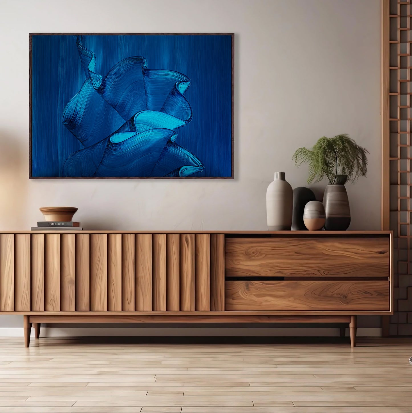 Abstract art print by London artist Lara Sayegh, featuring a blue ocean-inspired design