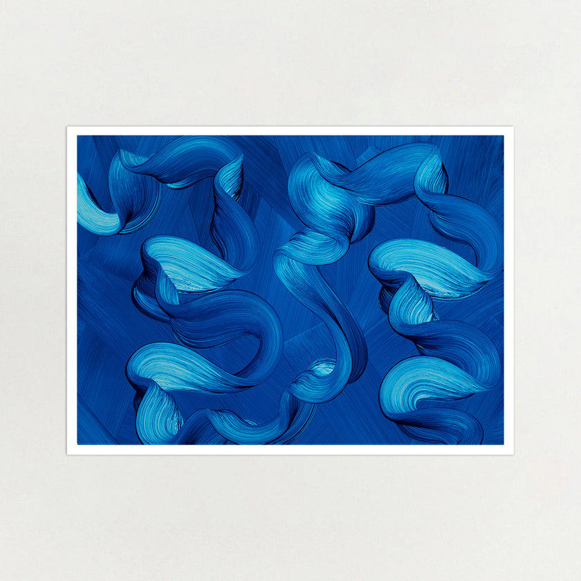 Abstract blue wave print inspired by ocean waves on a white background