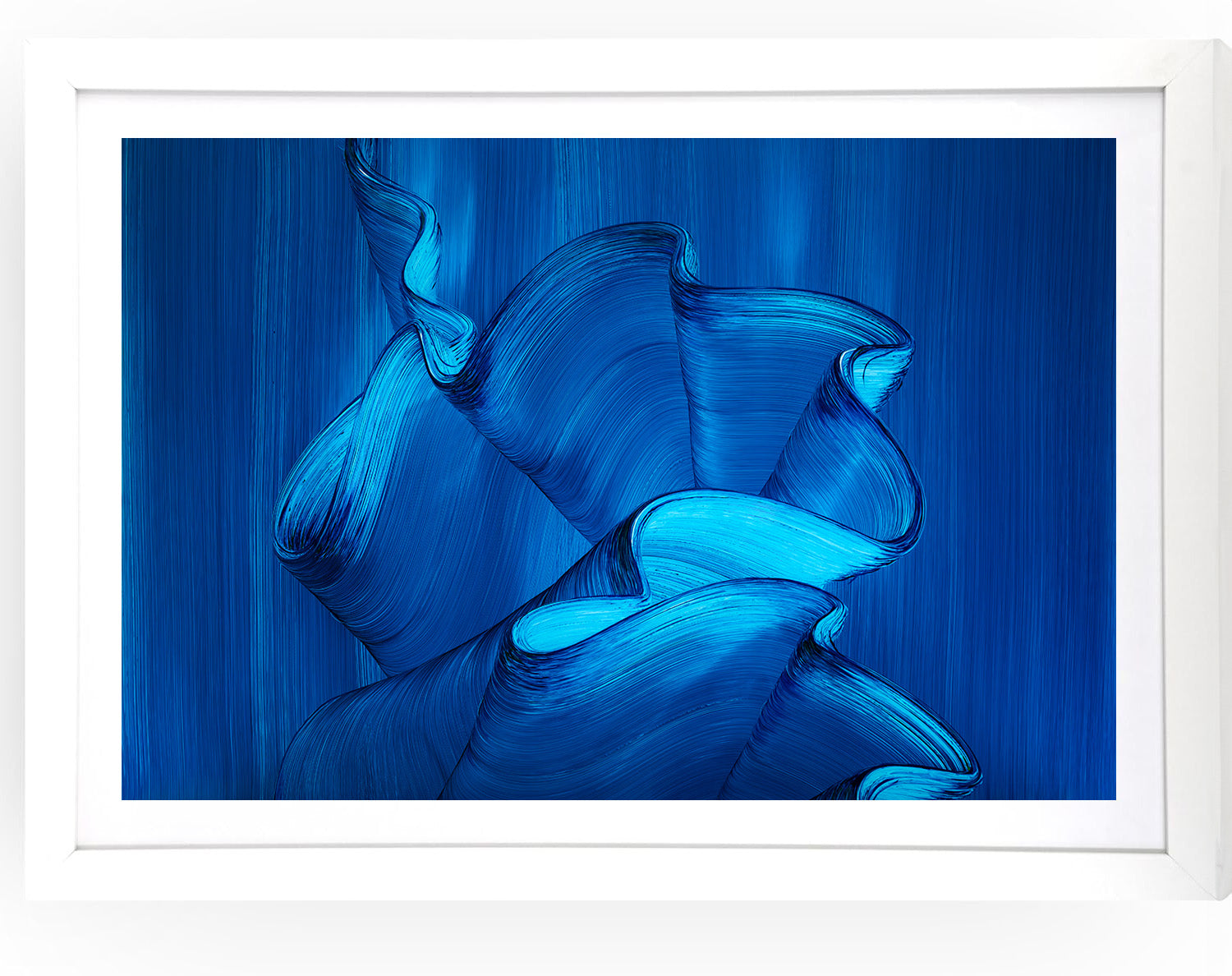 Abstract art print by London artist Lara Sayegh. Abstract blue ocean wave artwork with a white frame