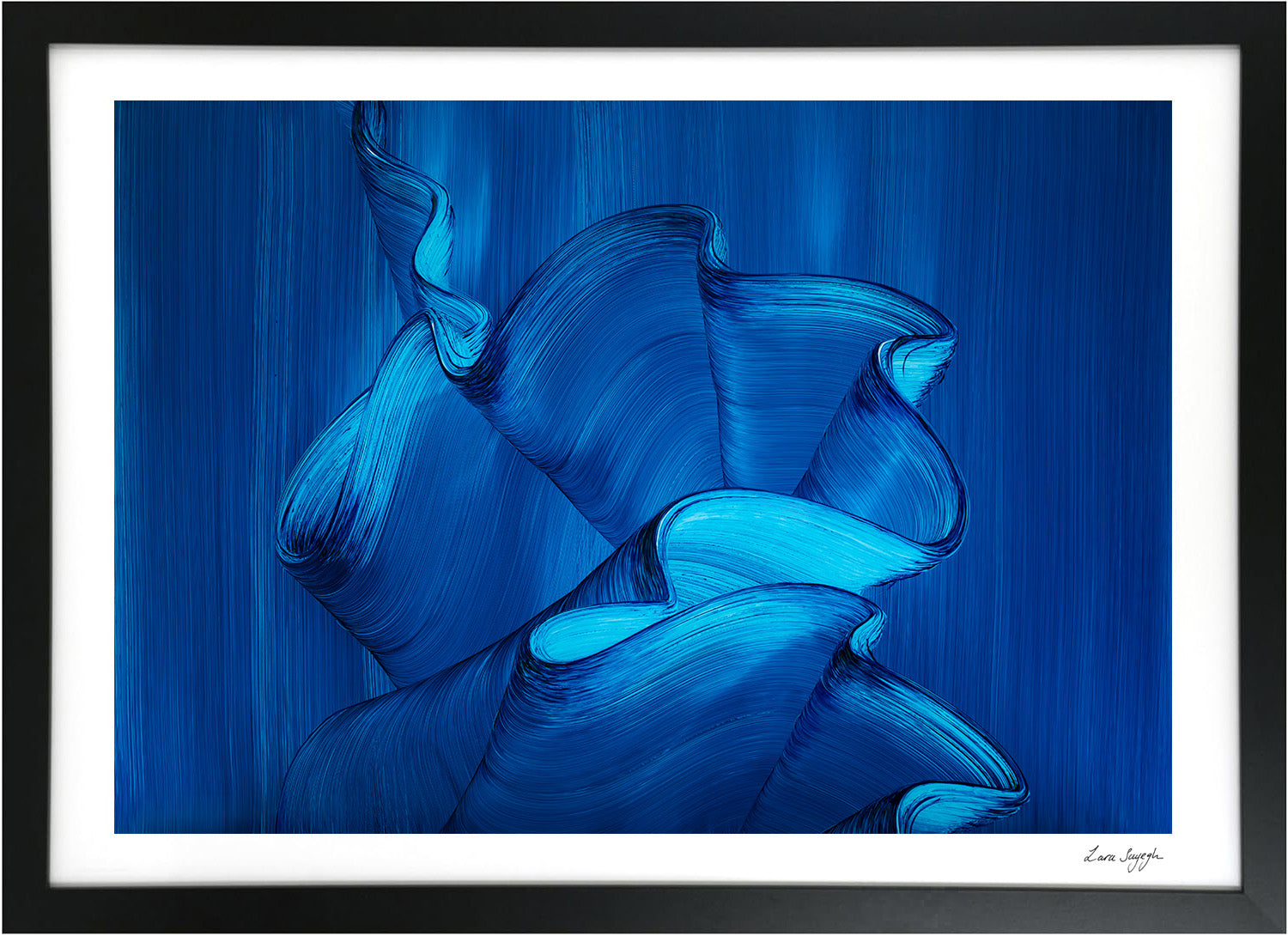 Abstract art print by London artist Lara Sayegh. Abstract blue ocean wave artwork with a black frame