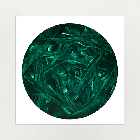 Close-up of green underwater leaves arranged in a circular pattern on a green and black background