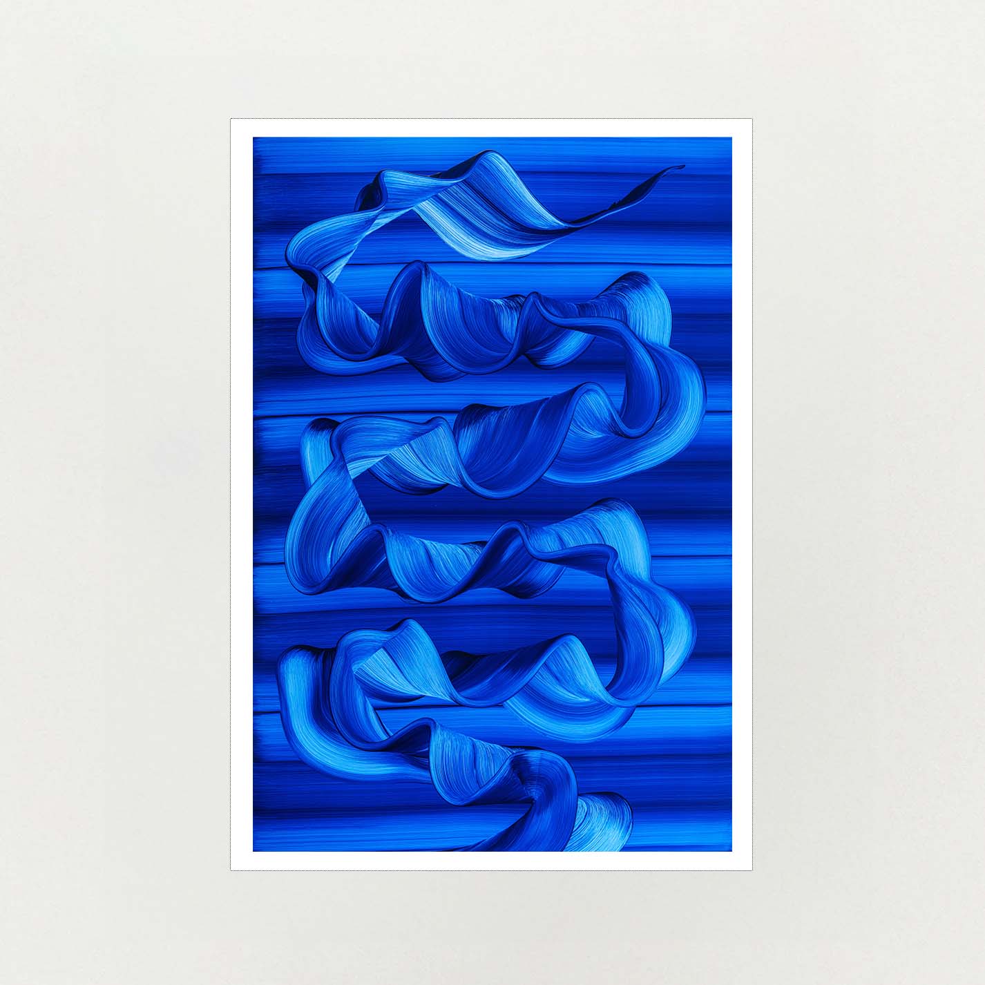 An abstract art print featuring layered, flowing ribbon-like forms in various shades of blue against a dark blue striped background, presented with a white border on a light gray background.