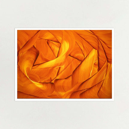 Limited edition abstract art print featuring a swirling, layered pattern of warm orange and yellow tones, presented with a white border on a light background.