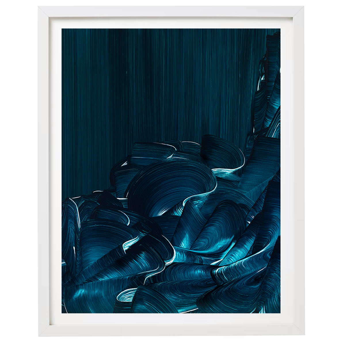 Framed abstract art with blue sea wave brushstrokes on a dark blue background