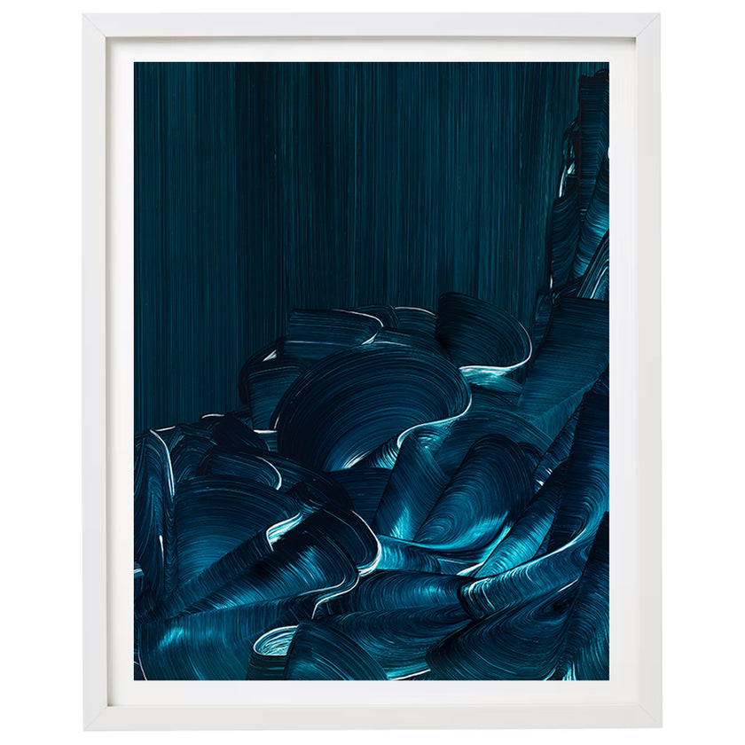 Framed abstract art with blue sea wave brushstrokes on a dark blue background