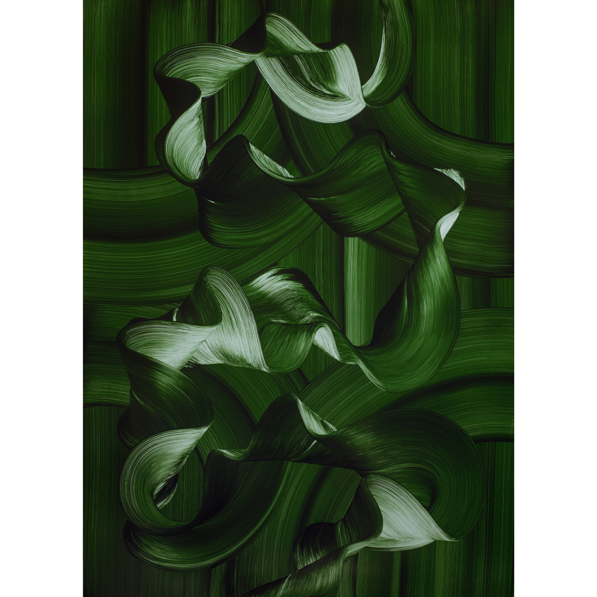 Contemporary abstract green ocean-inspired oil painting with flowing ribbon-like brushstrokes and organic movement by Lara Sayegh