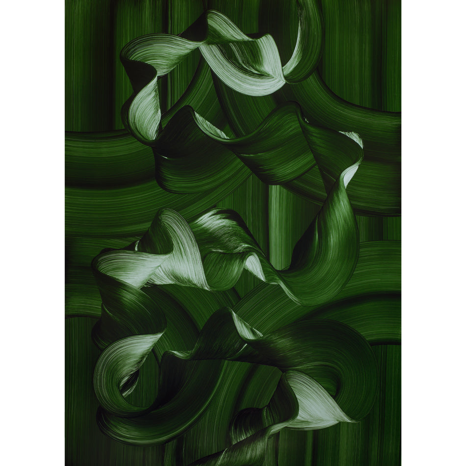 Contemporary abstract green ocean-inspired oil painting with flowing ribbon-like brushstrokes and organic movement by Lara Sayegh