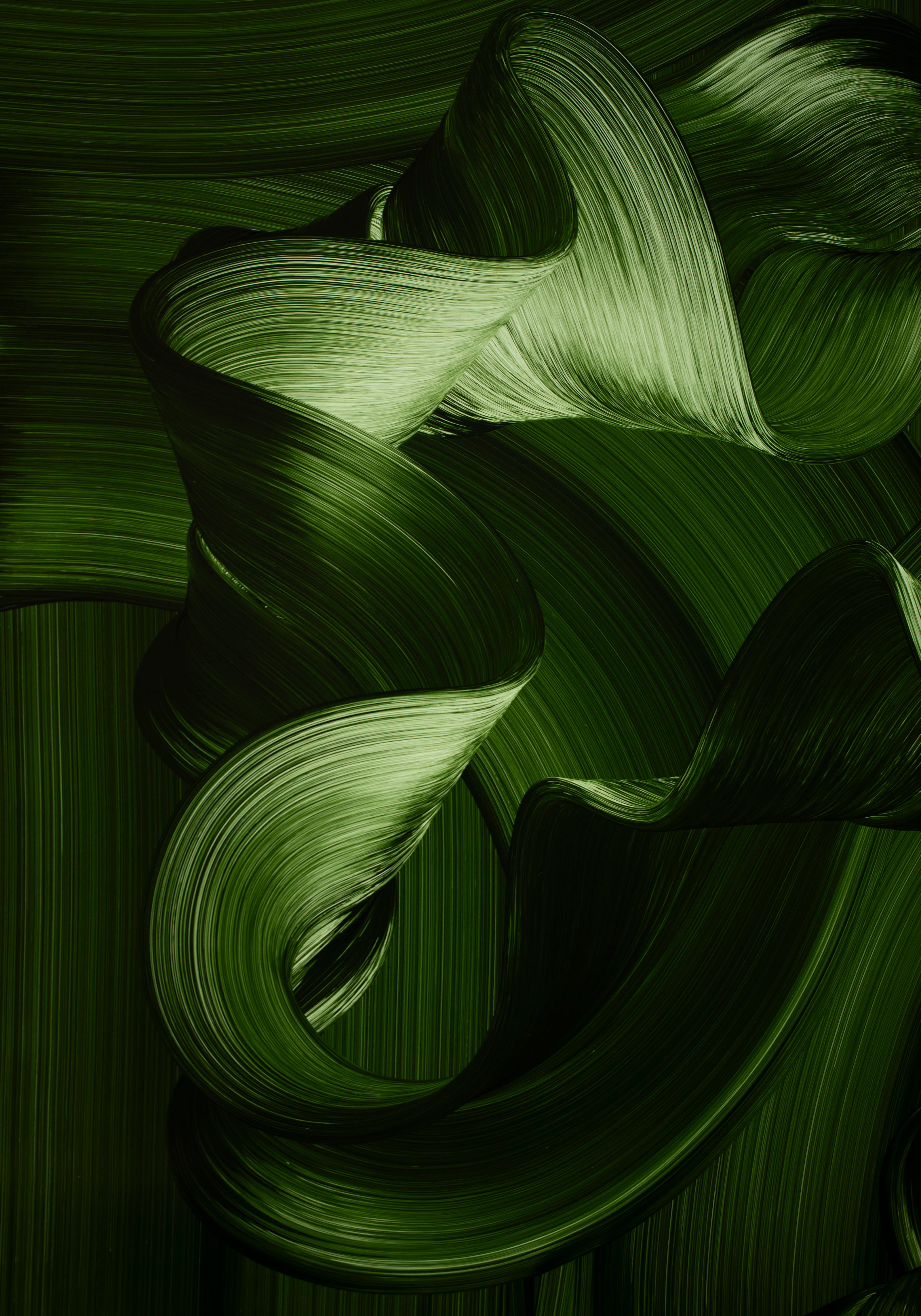 Close-up detail of contemporary green abstract oil painting with flowing ribbon-like brushstrokes and organic ocean-inspired movement
