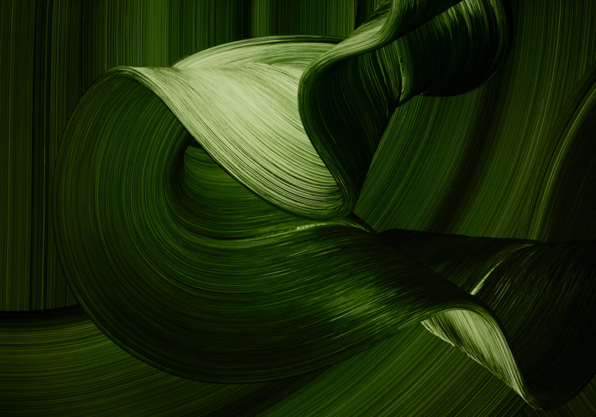 Close-up detail of contemporary green abstract oil painting with flowing ribbon-like brushstrokes and organic ocean-inspired movement
