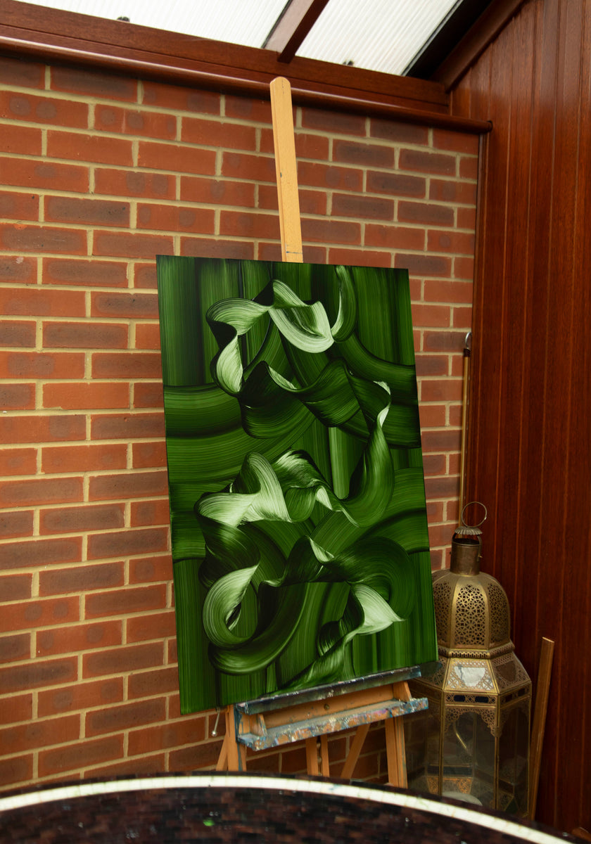 Close-up detail of contemporary green abstract oil painting with flowing ribbon-like brushstrokes and organic ocean-inspired movement