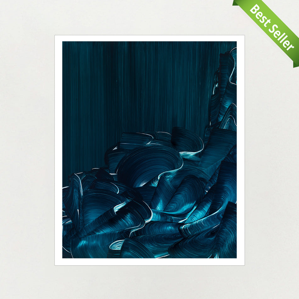 Abstract ocean blue artwork by Lara Sayegh with a white border on a light gray background