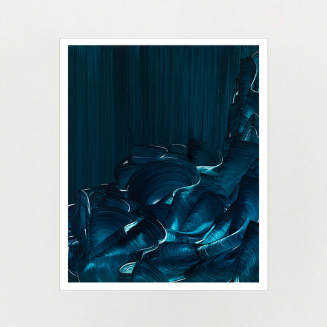 Abstract ocean blue artwork by Lara Sayegh with a white border on a light gray background