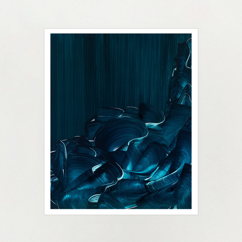 Abstract ocean blue artwork by Lara Sayegh with a white border on a light gray background