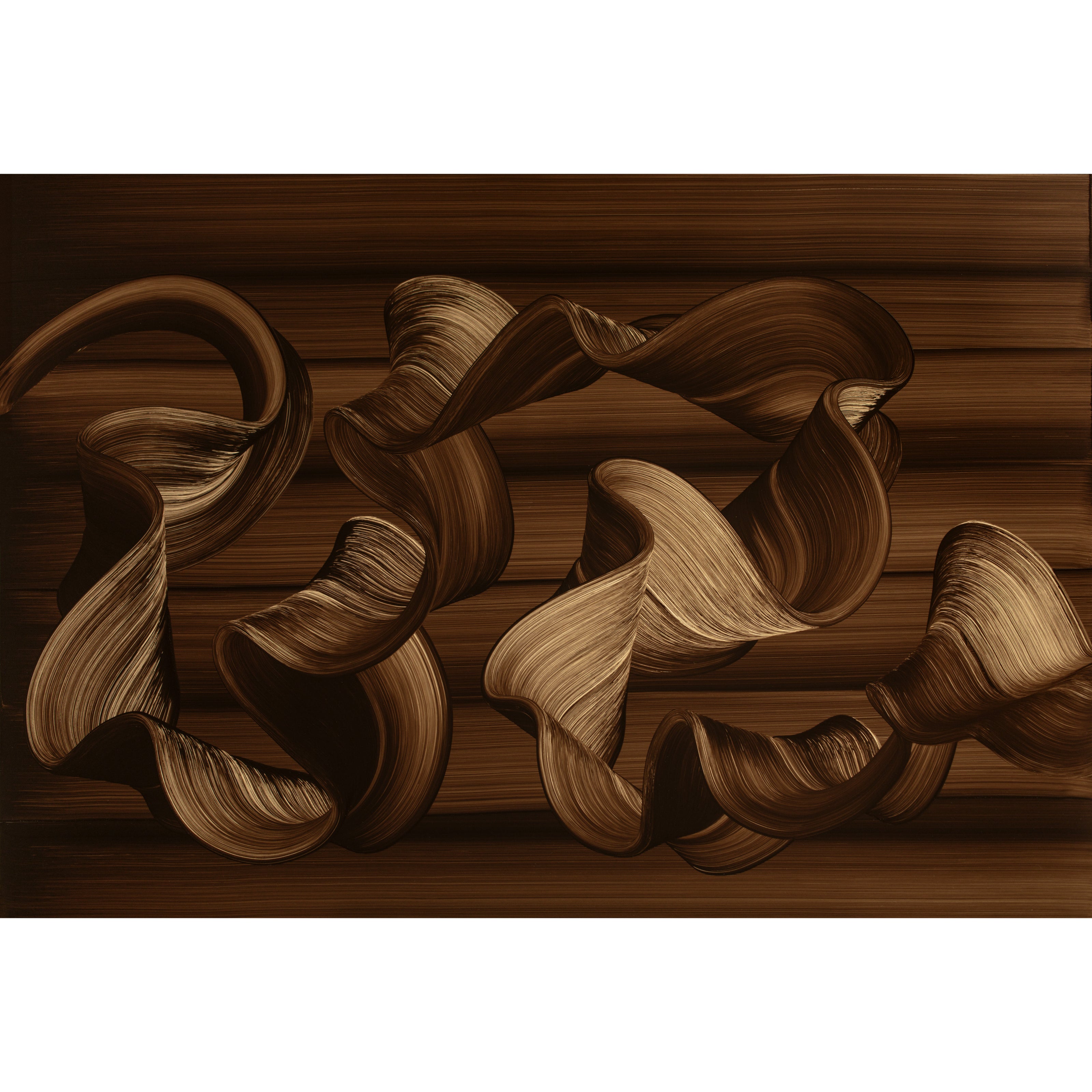 Abstract earth-toned oil painting on aluminium featuring flowing ribbon-like forms in rich brown and sand tones against a textured horizontal background by Lara Sayegh.
