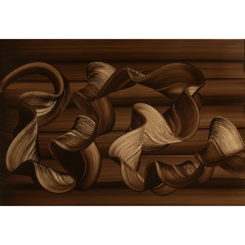 Abstract earth-toned oil painting on aluminium featuring flowing ribbon-like forms in rich brown and sand tones against a textured horizontal background by Lara Sayegh.